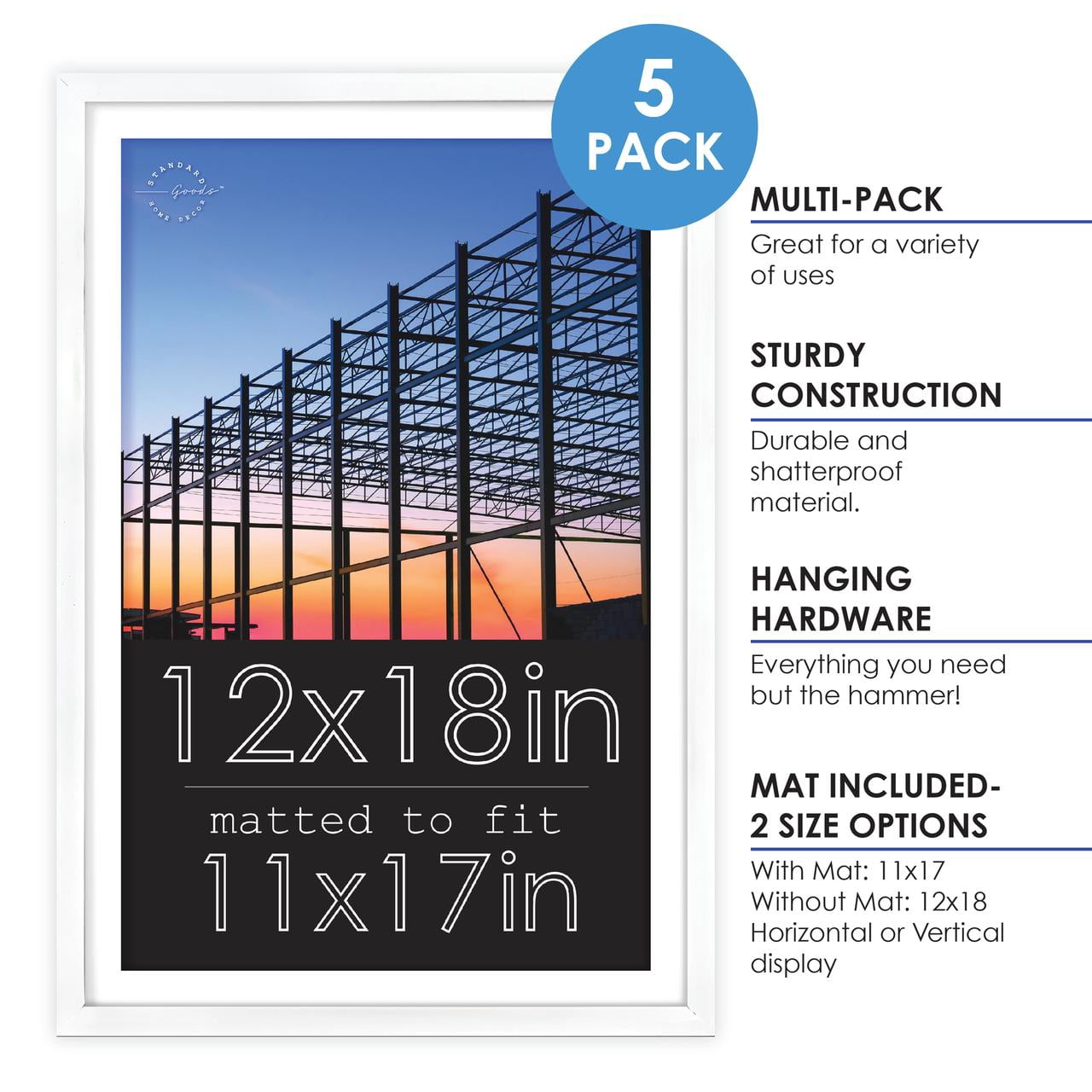 Standard Goods Home Décor 12x18 Matted to 11x17 White Linear Picture Frame, 5-Pack for Wall Display.