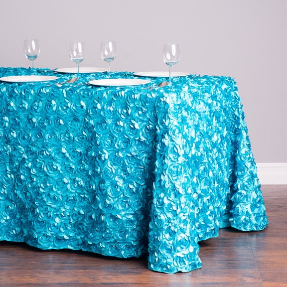 LinenTablecloth 88 x 130 in Rectangular Rosette Satin Tablecloth Turquoise