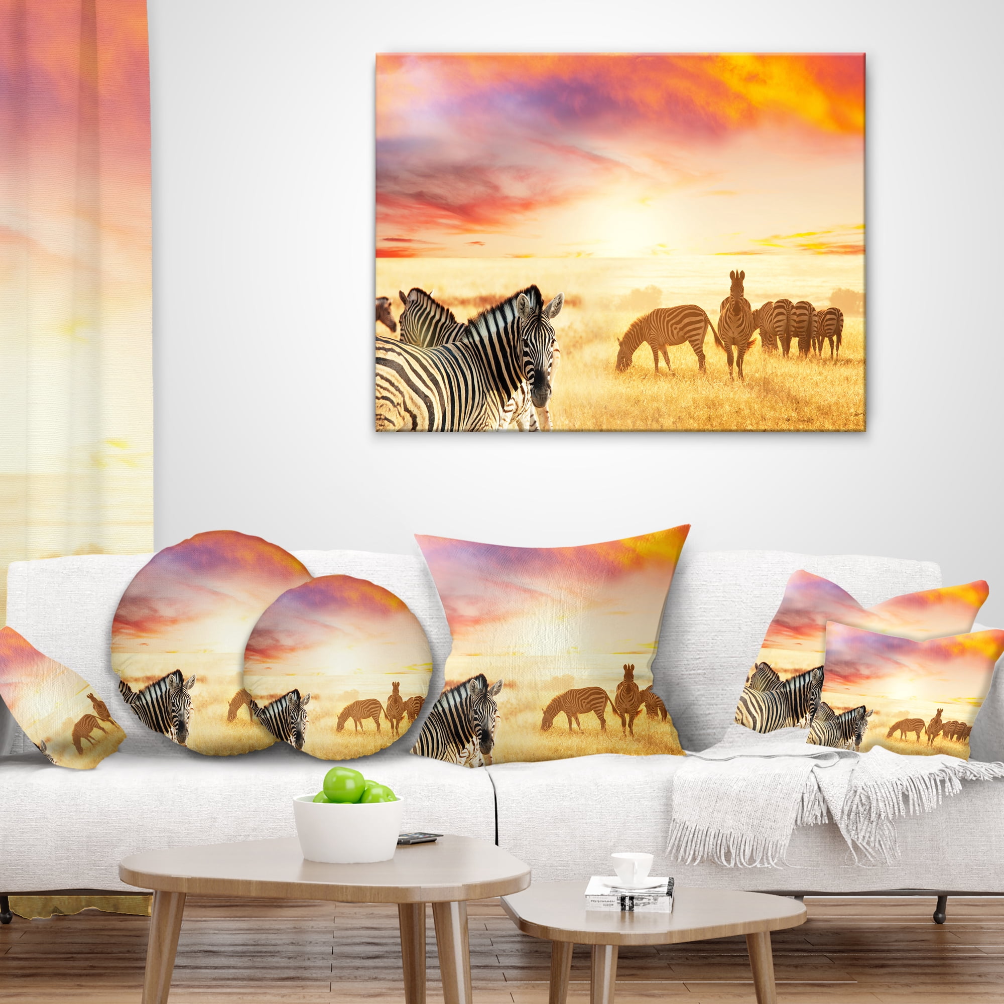 Designart Cute Zebras Grazing in Grassland - Animal Throw Pillow - 12x20