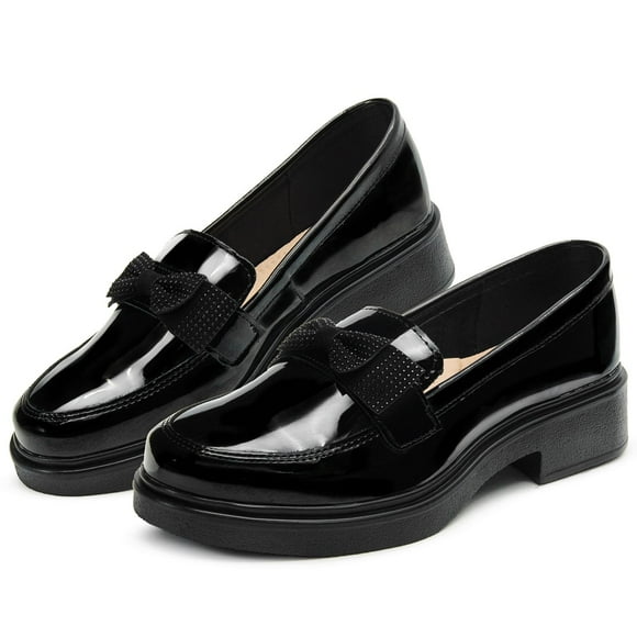 Zapato Casual Escolar Moda Moño Con Tacon Charol Negro negro 23