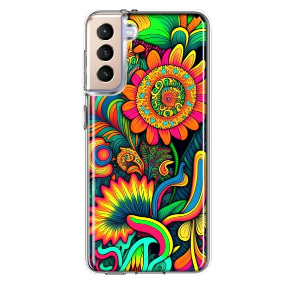 MUNDAZE Samsung Galaxy S21 Plus Shockproof Clear Hybrid Protective Phone Case Neon Psychedelic Indie Hippie Sunflowers Cover