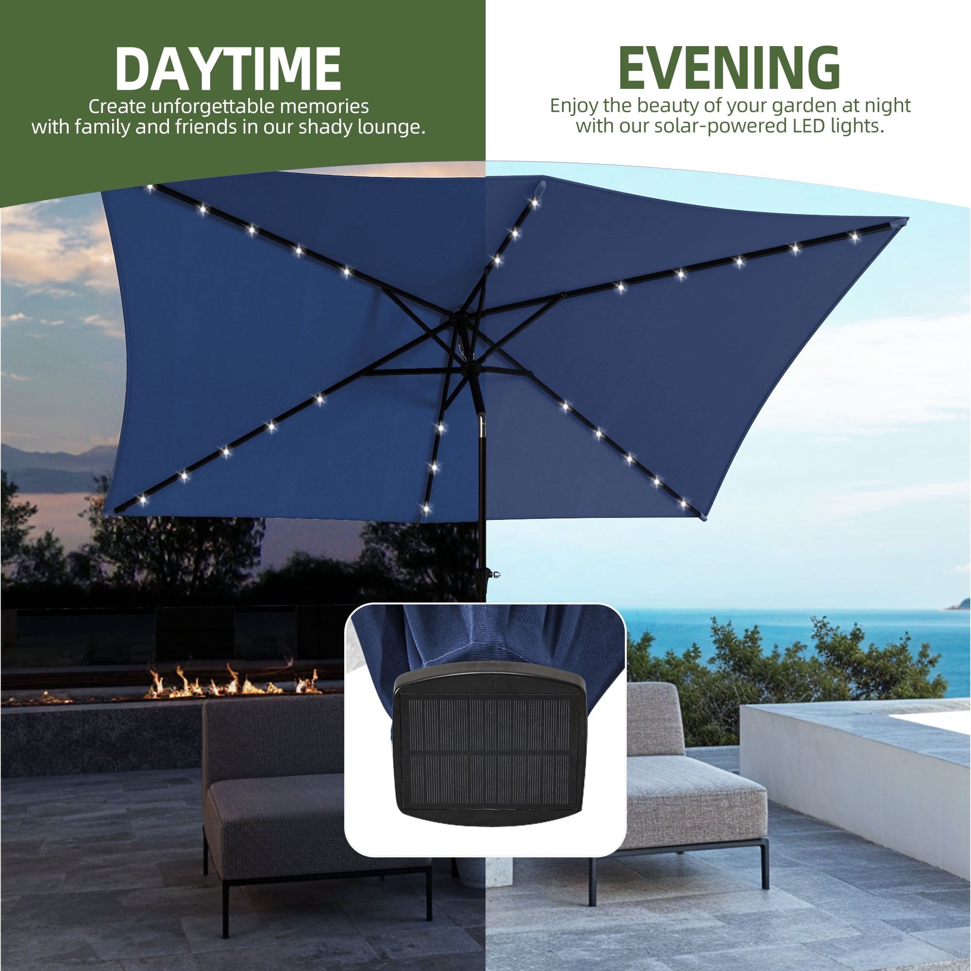 Uforic 6.5' x 10' Patio Umbrellas with 26 LED Lights, Outdoor Portable Shade Market Table Umbrella with Push Button Tilt & Adjust Crank, UV Resistant, Navy Blue