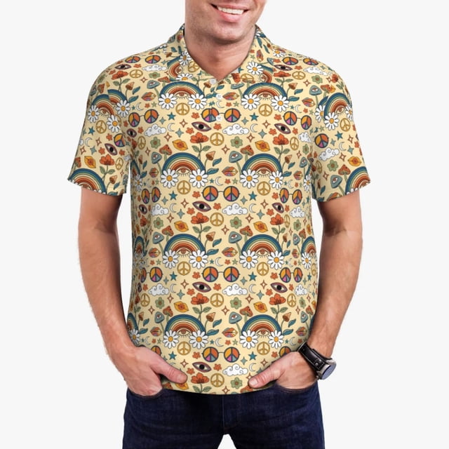 Balery 70s Hippie Style Camisa Polo de Hombre con Estampado, de Manga Corta y Tejido Medio, Camisa Tipo Golf Polo-4X-Large