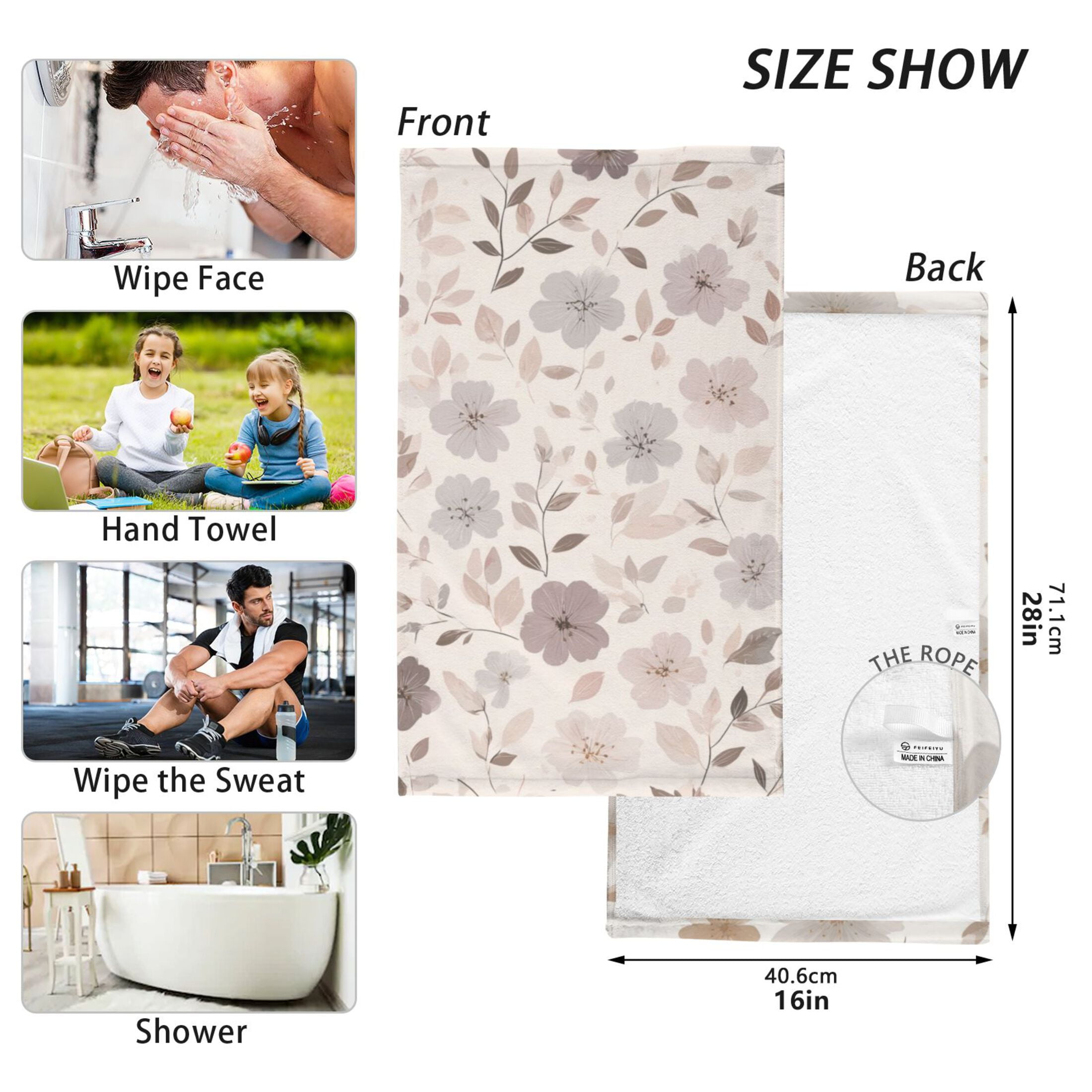 2-Pack Soft 100% Cotton & Highly Absorbent Bath Towel 2 Defferent Pattern Designs Small Flowers and Leaves Scattered Across The Canvas
