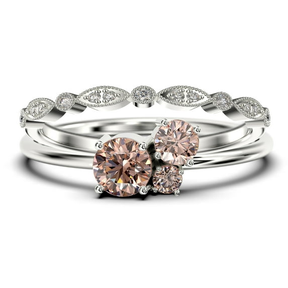 Unique 3 Stone Minimalist 1.05 Carat Round Morganite Engagement Ring, Trilogy Ring, Wedding Ring in 925 Sterling Silver With 18k White Gold Plating , Bridal Set, Matching Band