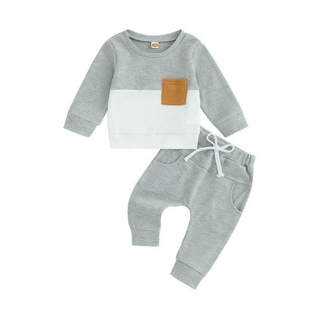 Fortune 0-3T Toddler Baby Boy Waffle Clothes Patchwork Sweatshirt Pullover Long Pants Infant Fall Winter Outfits