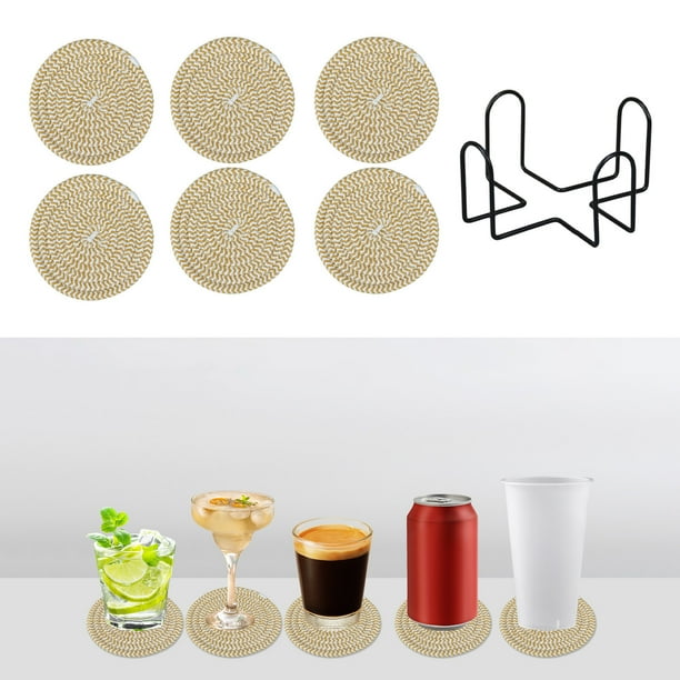 Juego de manteles individuales redondos de algodón tejido 6pcs | Posavasos antideslizantes resistentes al calor con soporte de almacenamiento | Alfombras de aislamiento térmico de 4.33in |