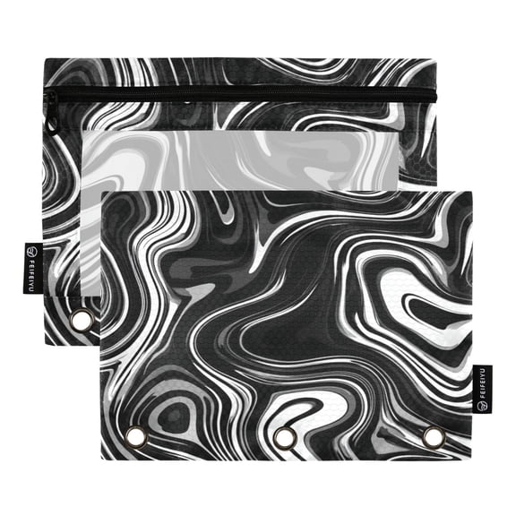 2 Pack 3 Ring Binder Pouch with Clear PVC Window Water Resistant Zipper Pencil Pouch Matte Black Flowing Lines Binder Pocket for Classroom Office Home Stationery Organization