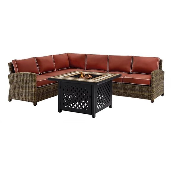 Bradenton 5Pc Outdoor Wicker Sectional Set W/Fire Table Weathered Brown/Sand - Right Corner Loveseat, Left Corner Loveseat, Corner Chair, Center Chair, & Tucson Fire Table