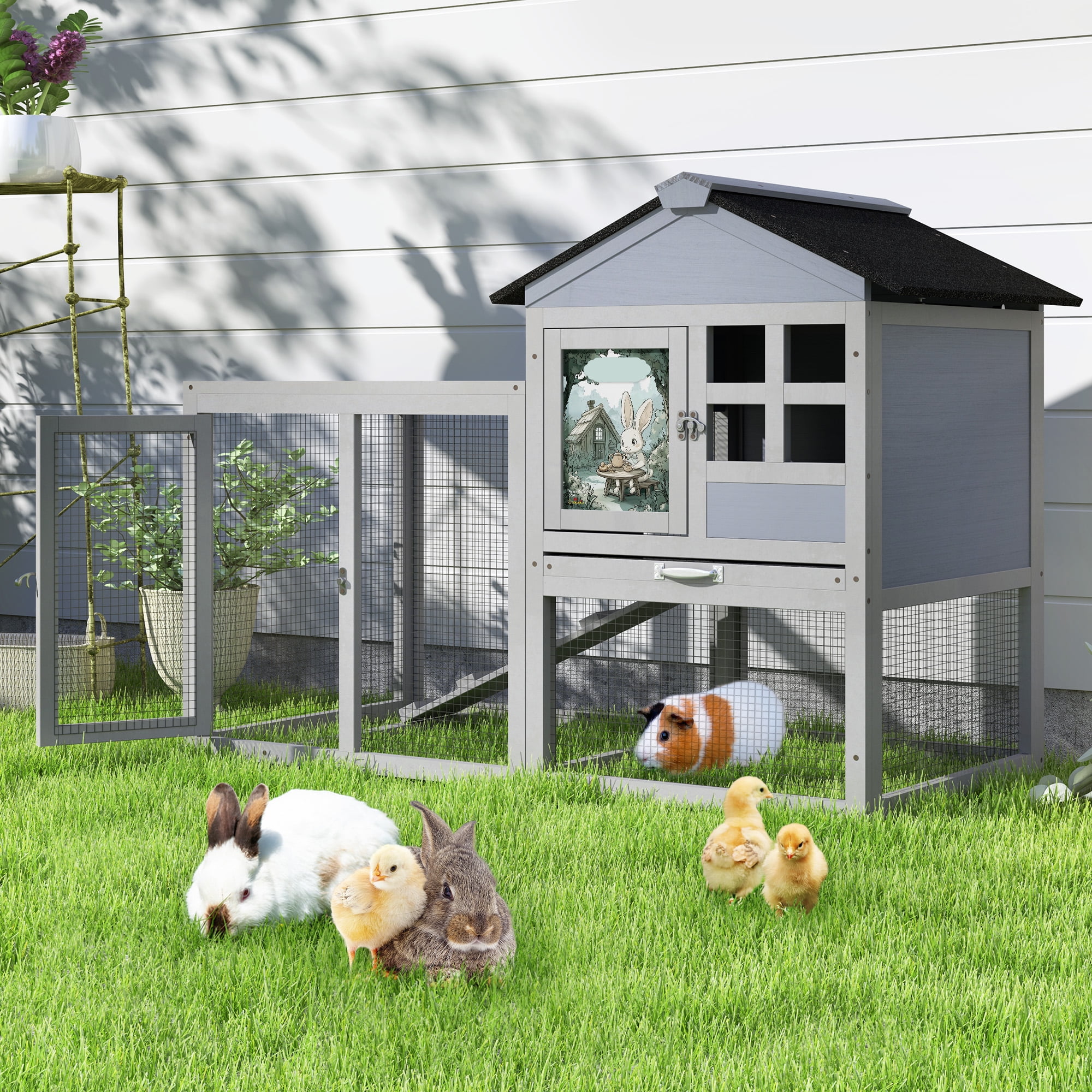 Coziwow Rabbit Hutch Small Animal Cage w/ Openable Roof Indoor&Outdoor, Gray