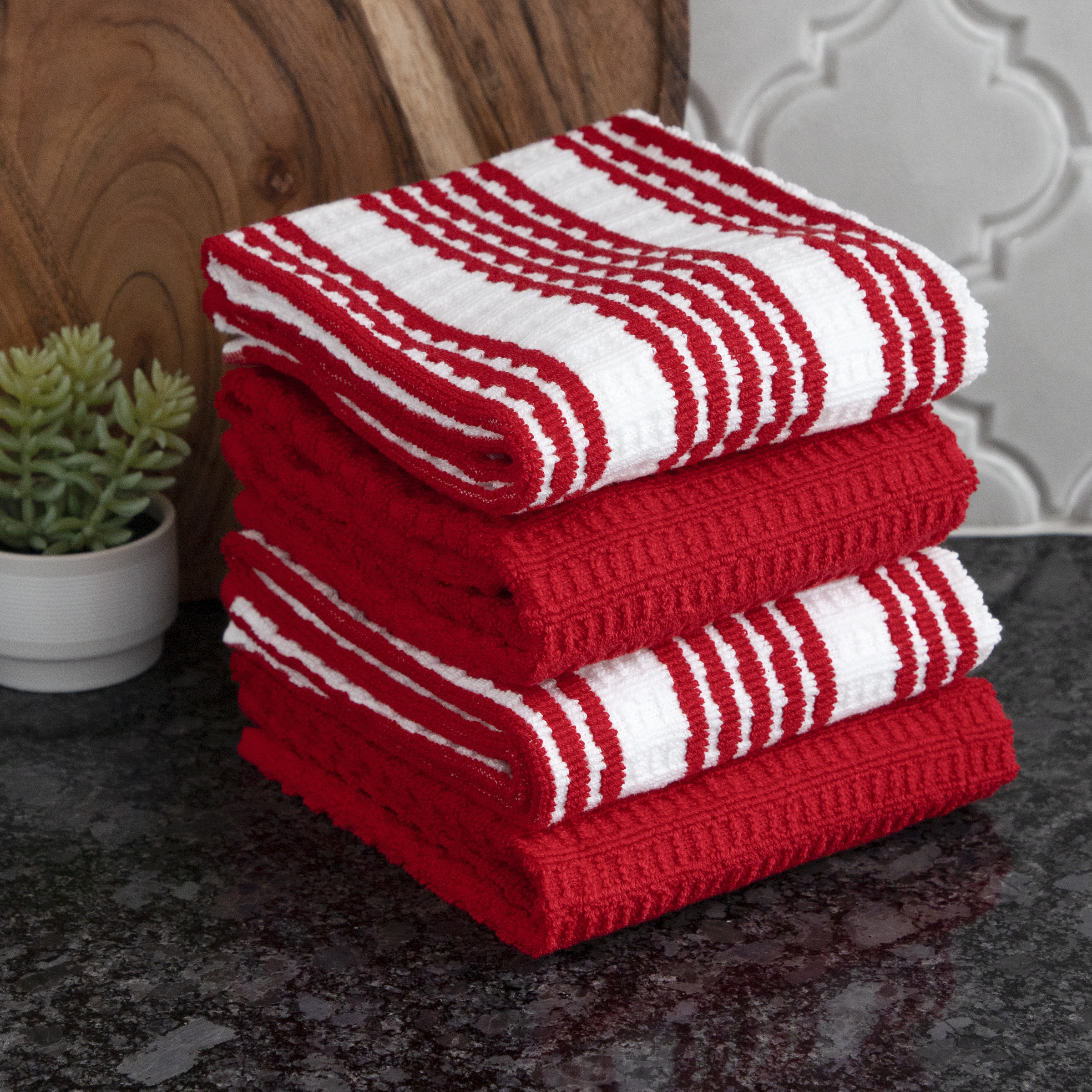 T-Fal Solid & Stripe Premium Kitchen Towels, 4-Pack, Red