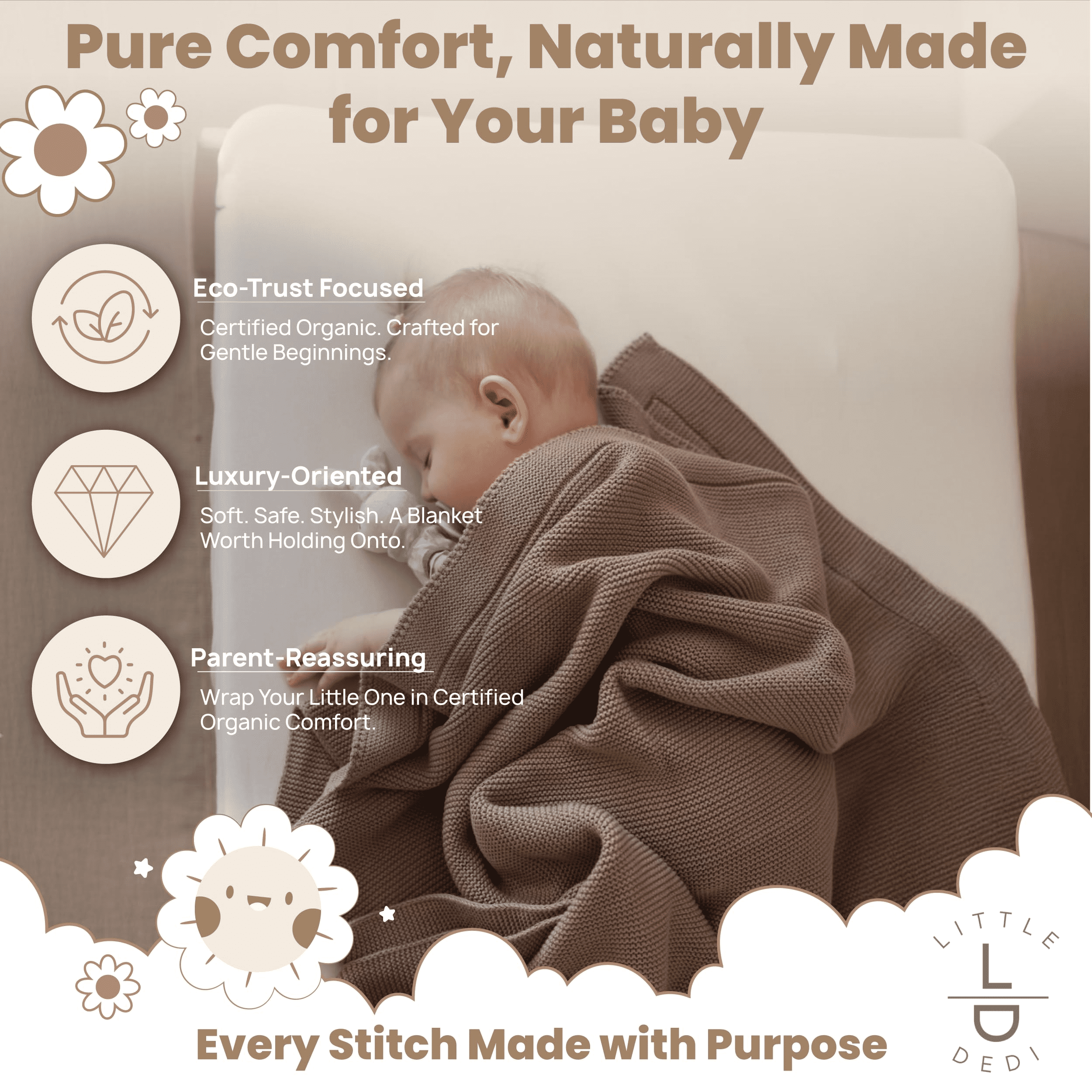 Little Dedi 100% Organic Cotton Baby Knitted Blanket with Gift Box - Soft Toddler, Crib, Stroller Blanket - Neutral Swaddle and Receiving Blanket for Newborns, 30"x40", Mocha Meringue
