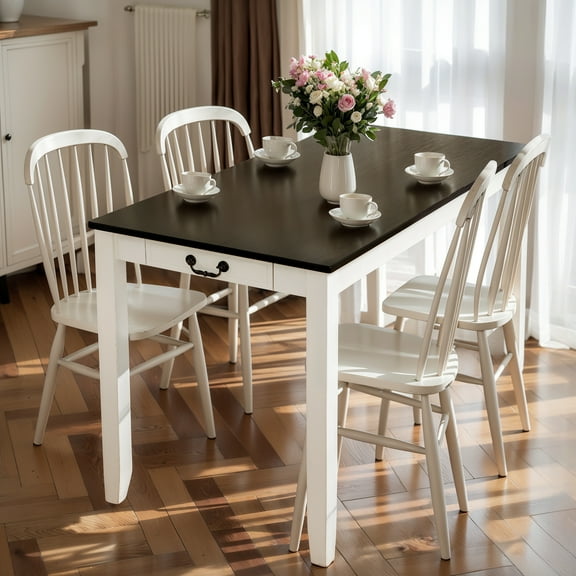 Dining Table for 4-6 People, High Dining Table with 2 Storage Drawers, for Dining Room, Kitchen, Living Room and Entryway, Brown & White