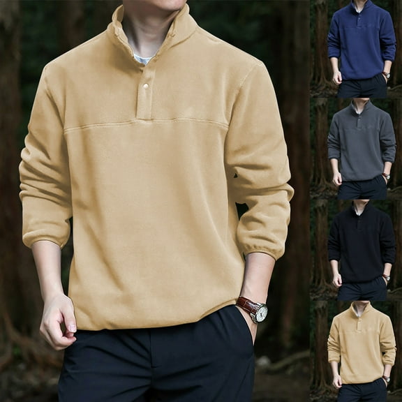 safuny Men's Loose Tops Big&Tall Fashion Solid Color Pullover Stand Collar Sweatshirts Button Outwear Casual Long Sleeve Shirts Black L