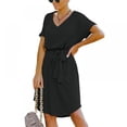thumbnail image 3 of Robe Mini Femme Taille Haute Manches Courtes Robe Basique Fluide Coupe Ample Col en V Couleur Unie Ceinturée Robe de Soirée, 3 of 9