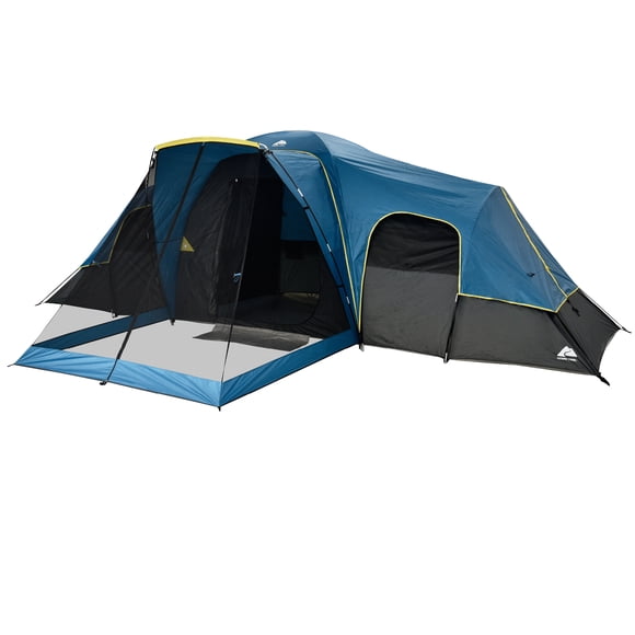 Ozark Trail, 10-Person Dome Tent, Rain Fly, Screened Front Porch, Easy to Assemble Fiberglass Poles. Blue Color, Ideal for Family Camping, 27.45lbs.
