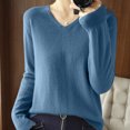 thumbnail image 2 of Womens Long Sleeve Tops Casual V Neck Loose Pullover Knitted Shirt Solid Color Warm Cozy Lightweight Wool Sweater (Blue 2XL), 2 of 3