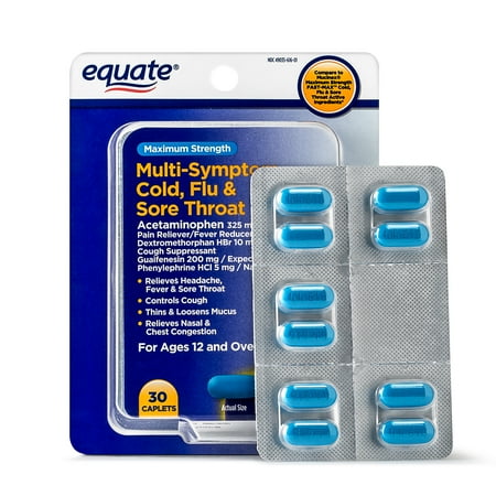Equate Maximum Strength Multi Symptom Cold, Flu, and Sore Throat Relief caplets, 30 Count