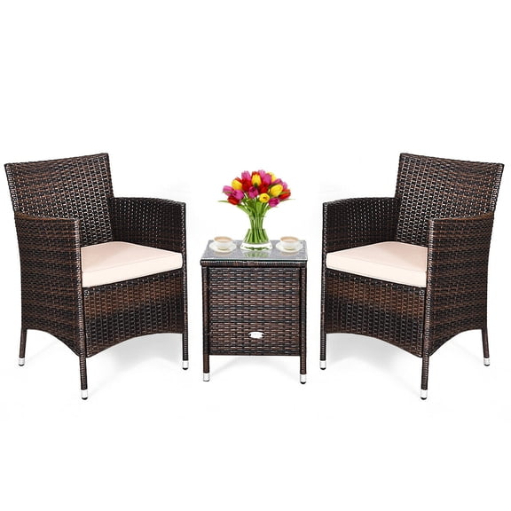3 Piece Patio Furniture Set, Outdoor Wicker Rattan Conversation Set with 2 Cushioned Chairs and Tempered Glass Coffee Table, Patio Bistro Set for Porch, Balcony, Garden and Backyard