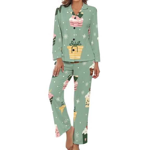 Snow Cake Gift Christmas Women's Long Sleeve Flannel Pajama Set Sleepwear L