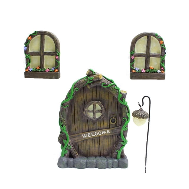 Miniature Fairy Door and Window Set, Wood Color, Phosphorescent , DIY Plaque, Easy Hanging