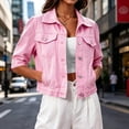 thumbnail image 4 of FDGIU Women's Lapel Button Down Cropped Denim Jacket, Three Quarter Sleeve Solid Jean Coat with Chest Flap Pockets for Spring Summer Casual Daily Layering, 4 of 7
