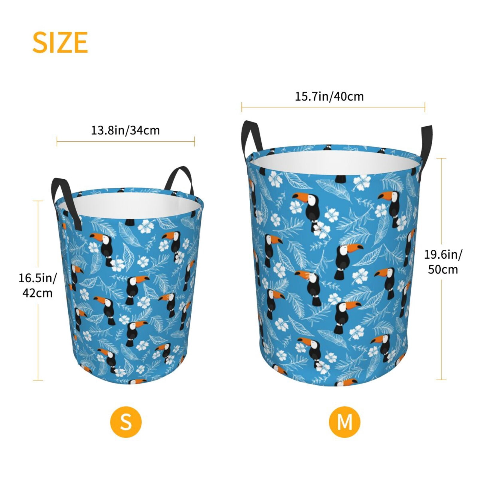 Large Laundry Basket with Handles - Cartoon Cute Toucan Leaves Blue Kids Baby Dirty Clothes Laundry Hamper for Bedroom Aesthetic