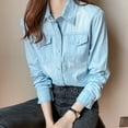 thumbnail image 5 of JIANJIA Blouses For Women Dressy Casual Linen Denim Solid Color Lapel Long Rolled Sleeve Jean Jacket Autumn Winter Tops Streetwear, 5 of 8