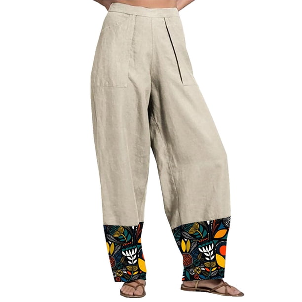 Pntutb Mujer Casual Recto Bolsillos Estampado Pierna Ancha Pantalones Sueltos Patchwork Pantalones Largos Pntutb Pntutb-508