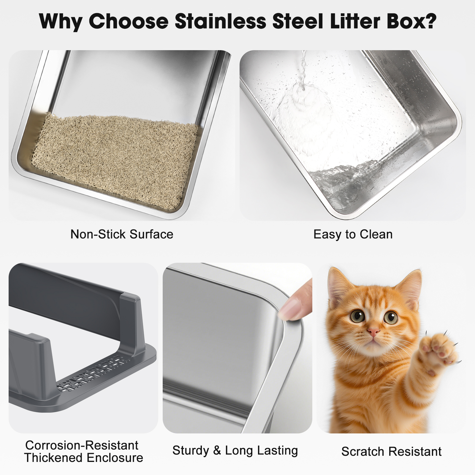 Stainless Steel Litter Box with High Sides: Top Entry Cat Litter Box for Small Mulit Big Cat, Anti-Urine Leakage, Non-Stick Bottom, 17in, Dark gray
