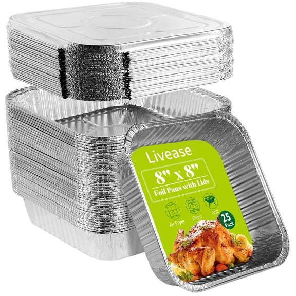 Livease Aluminum Pans 8x8 in, 25Pack Foil Disposable Cake Pans with Lids, Square Baking Pans