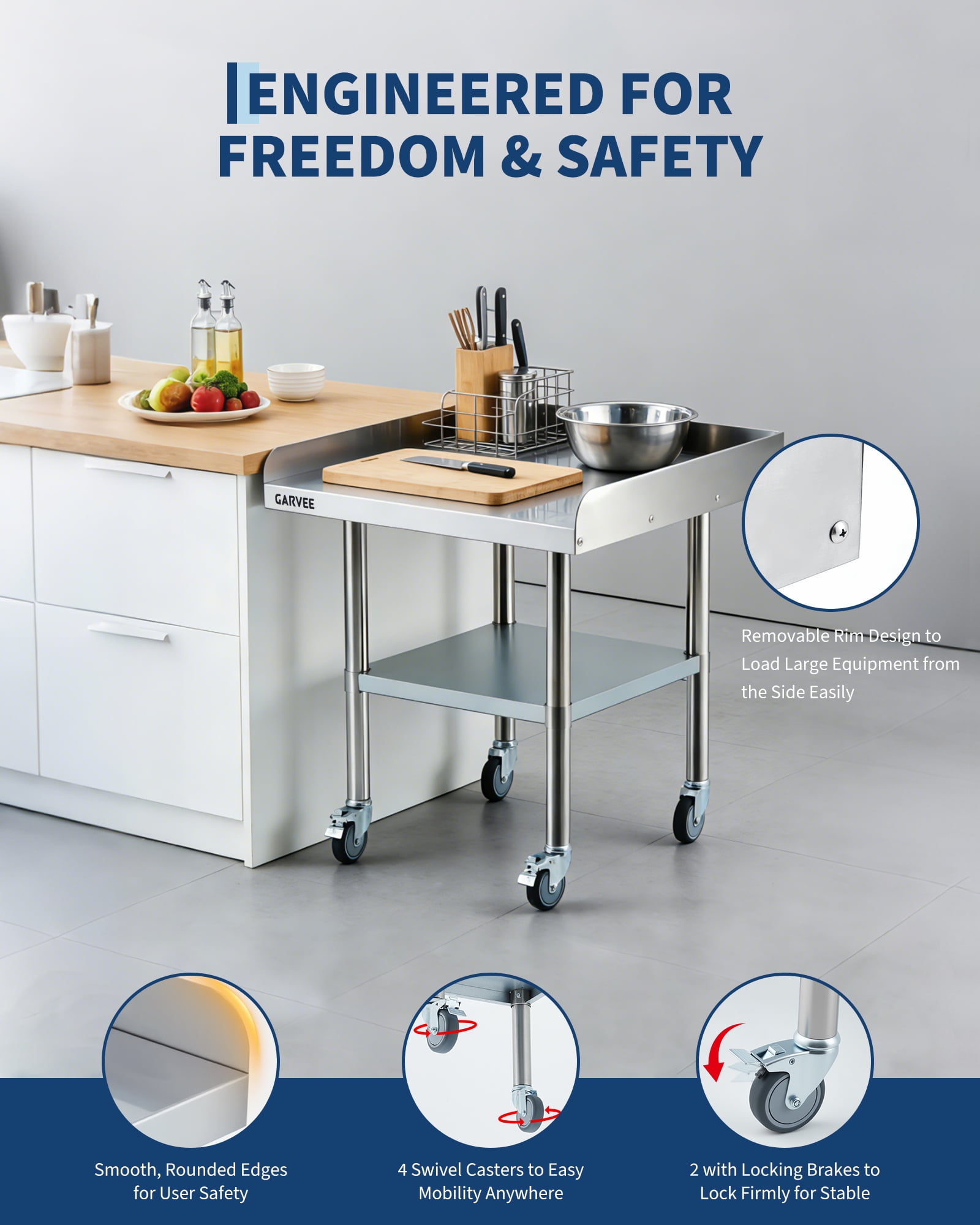 QinaQin Stainless Steel Workbench with Removable Three-Sided Backsplash and Four Locking Wheels, Heavy-Duty Commercial Kitchen Preparation Cart