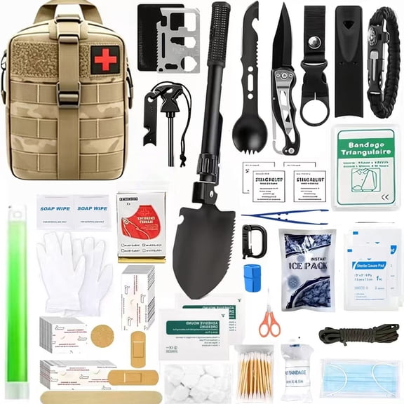 Multi-Function Outdoor Survival Kit Emergency First Aid Supplies Tactical Survival Tool Pouch for Hiking Camping Wilderness Adventure,E