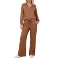 thumbnail image 2 of HOWPAY Women 2 Piece Outfits Sets Long Sleeve V Neck Solid Color T-Shirt Wide Leg Pants Lounge Sets Lightweight Casual Y2K Sweatsuits Brown XS, 2 of 8