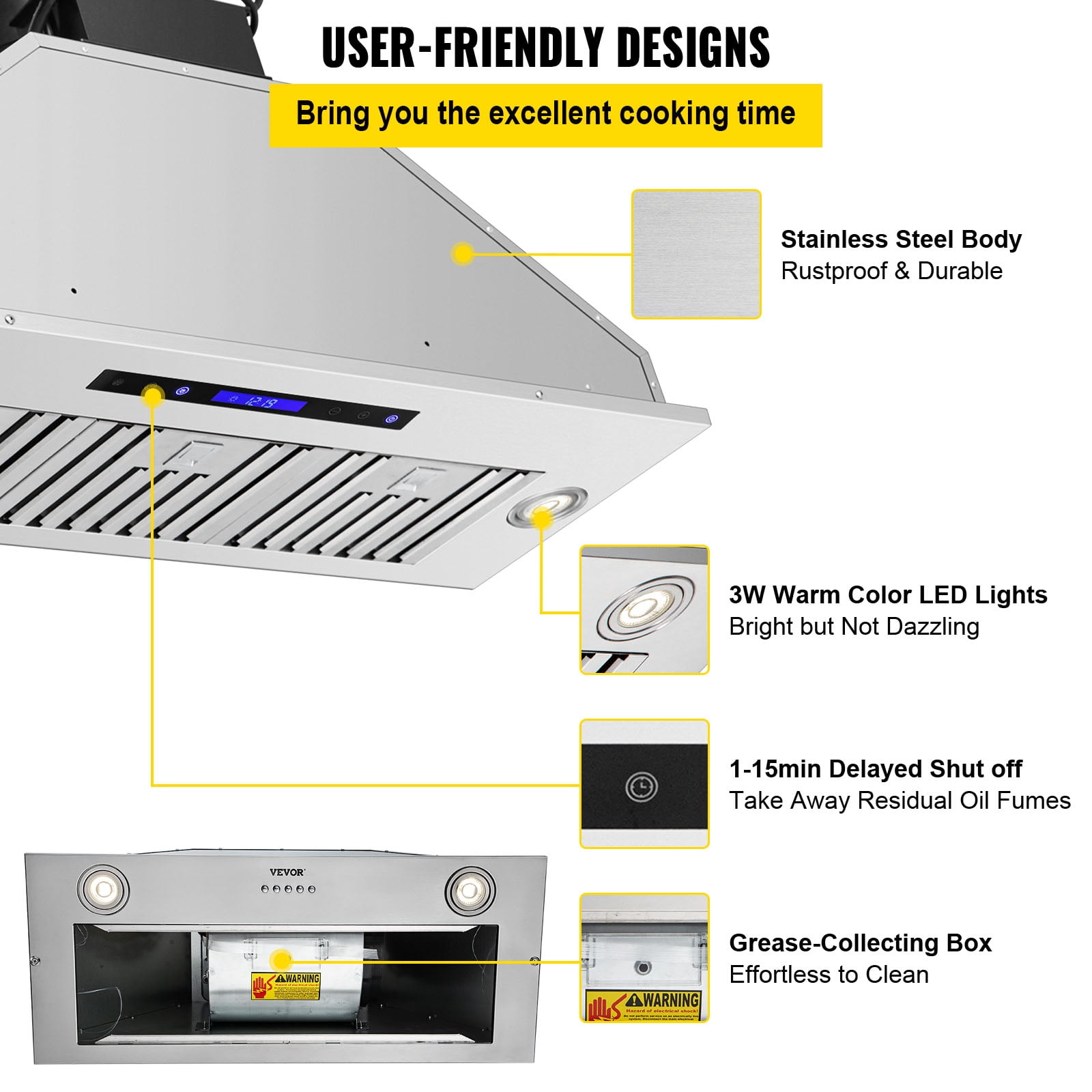 VEVOR Insert Range Hood, 900CFM 4-Speed, 36 Inch Stainless Steel Built-in Kitchen Vent Hood with Touch & Remote Control LED Lights Dishwasher-Safe Filters, Ducted/Ductless Convertible, ETL Listed
