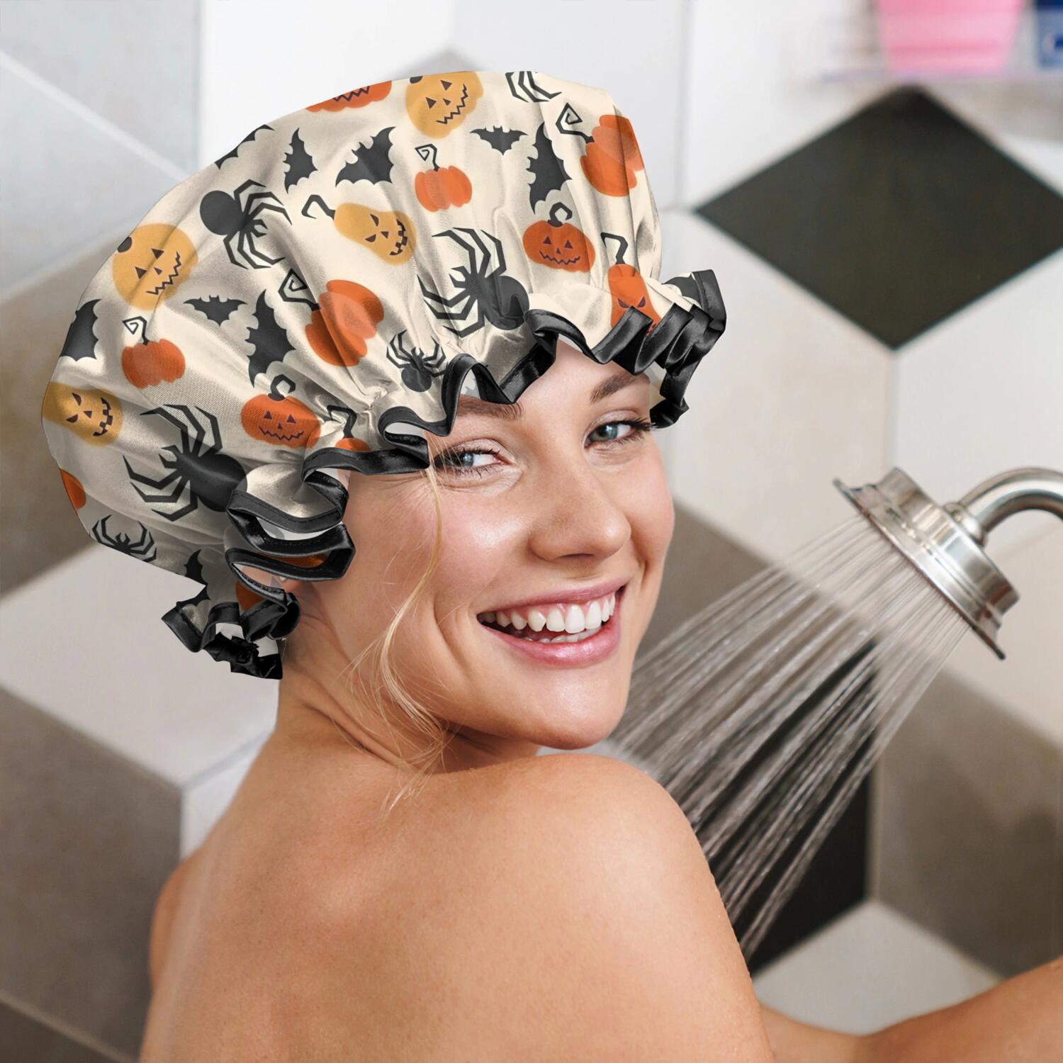 Shower Caps,Halloween Pumpkin Spider Pattern Waterproof Shower Cap for Women 4 Pieces,Double Reusable Hair Cover for Shower PEVA Elastic Stretch Hem