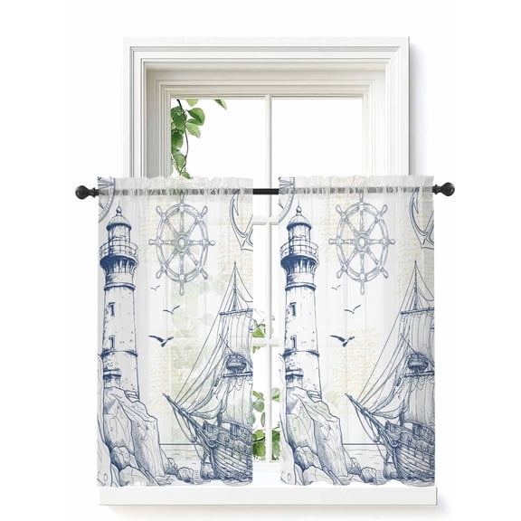 Nautical Ship Lighthouse Curtains 54 Inch Length,Sheer Curtains for Bedroom Living Room Window Ocean Anchor Rudder Lines Art Rod Pocket Drapes Kitchen Curtains Small Half Window 42"x54" 2 Panels