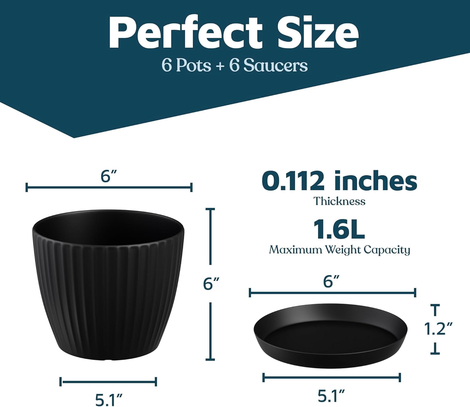 Black 6-Inch Plant Pots with Drainage & Saucers 6 Pack, Indoor & Outdoor Planters for Houseplants, Herbs, and Flowers, Durable & Weatherproof Material, Stackable, Lightweight, Minimalist Design