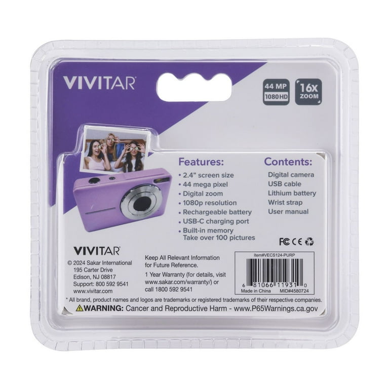 Vivitar Popsnap Compact Digital Camera, Purple, 16X Zoom, 1080p