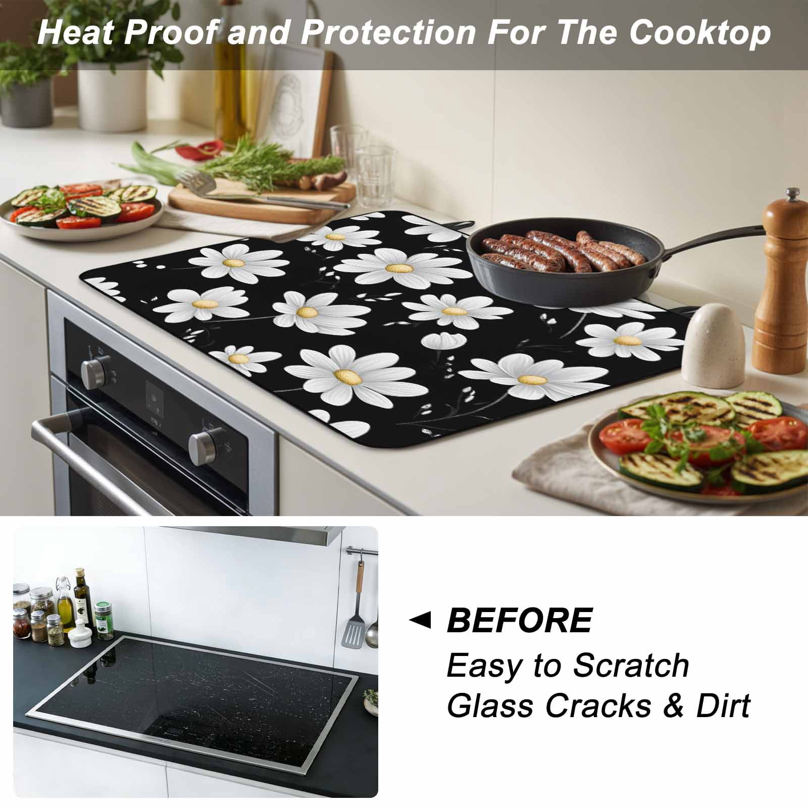 White Daisy Floral Stove Top Cover for Electric Stove, Heat-proof & Non Slip Glass Top Stove Cover Protector, Spring Summer Flowers Black Kitchen Flat Cooktop Rubber Mat 24x21 Inches