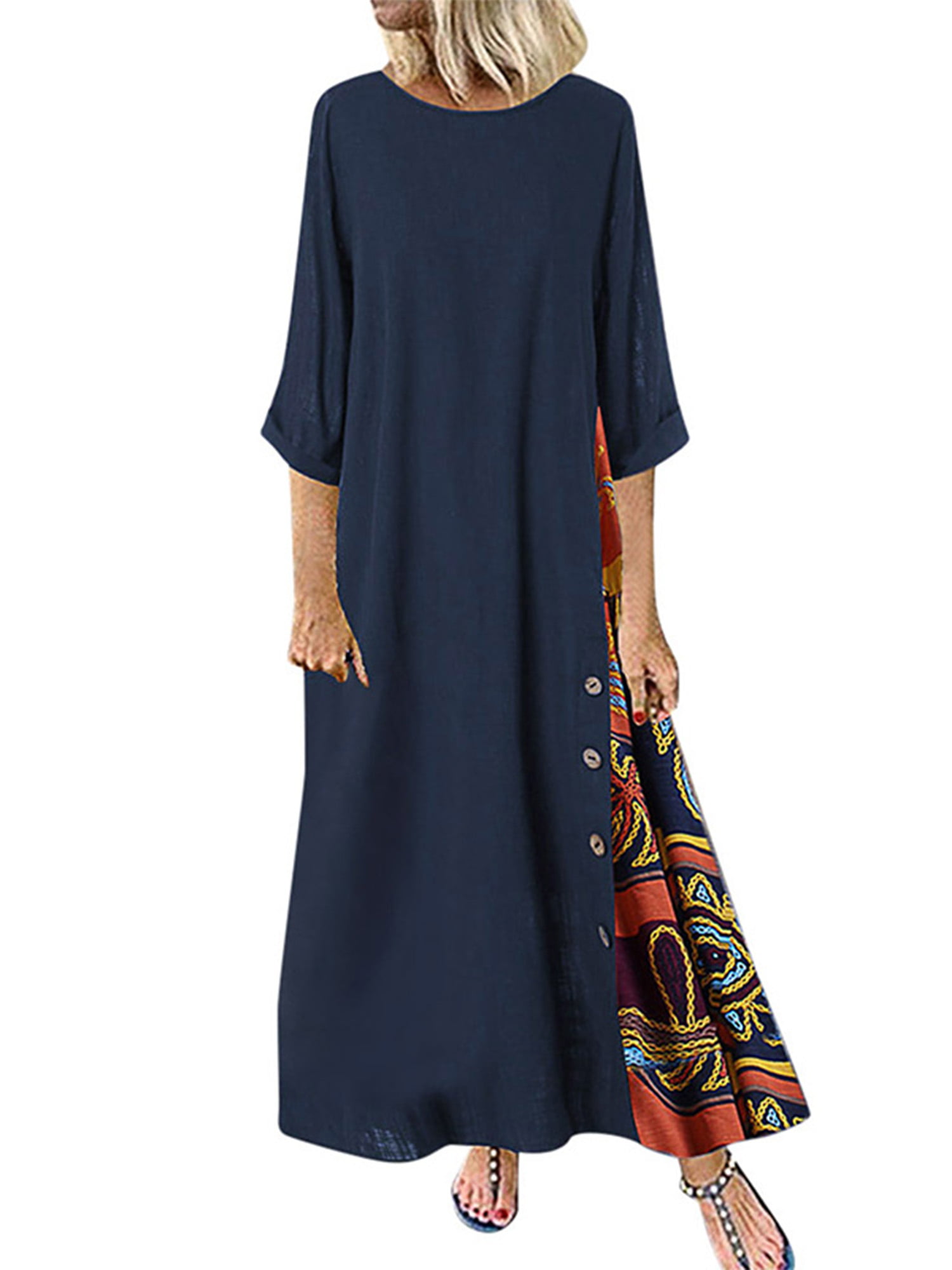 KIDSFORM Women Casual Loose Dress Vintage Long Sleeve Maxi Dresses Cotton Linen Oversize Printed Autumn 