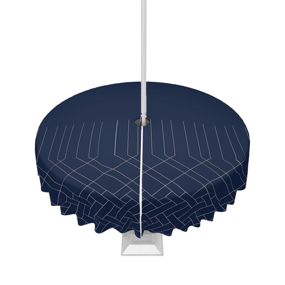 Lsrtoss Outdoor Tablecloth with Umbrella Hole & Zipper, Navy Blue White Geometric Round Tablecloth 54 Inch, Modern Herringbone Abstract Art Patio Table Cover Waterproof Table Cloth for Picnic/Party