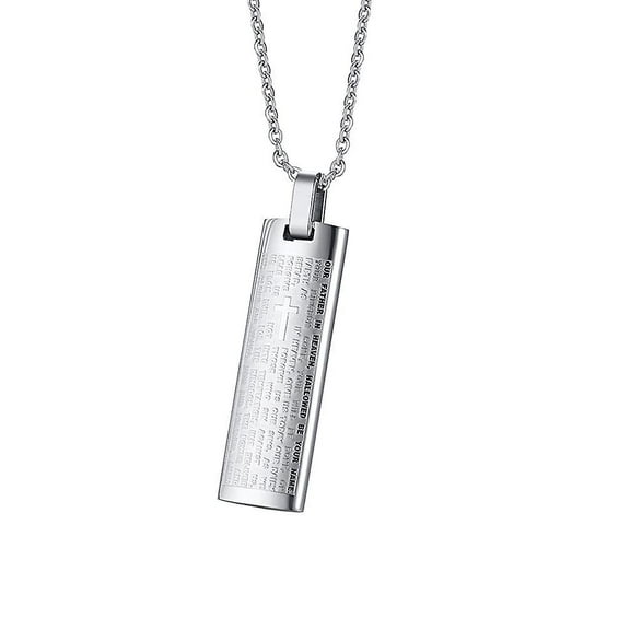 Stainless Steel Carved Cross Lord's Prayer Dog Tag Pendant Necklace for Men
