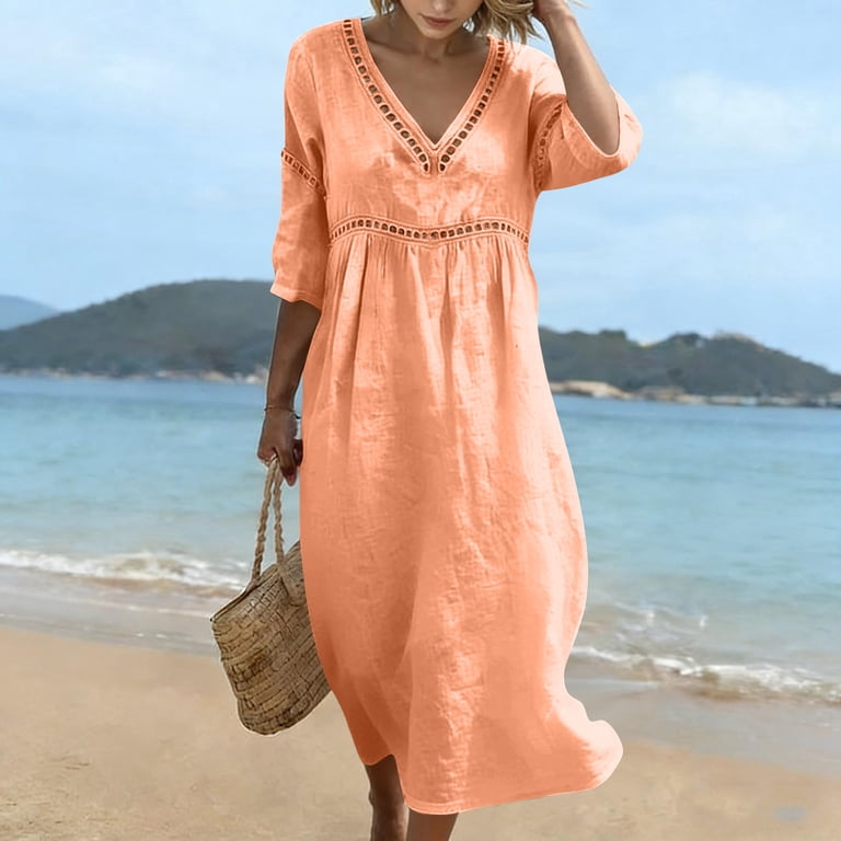 linen house dress Cotton Linen Maxi Dress for Women 3/4 Sleeve Lace Patch Loose Fit House  Dresses Summer V Neck Casual Beach Boho Sundress L