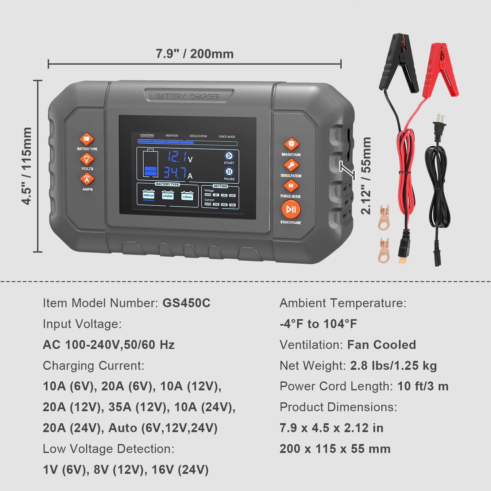 KFFKFF Smart Battery Recharger, 35-Amp, Compatible with Lithium LiFePO4 and Lead-Acid (AGM / Gel / SLA) Car Batteries, Comes with LCD Screen