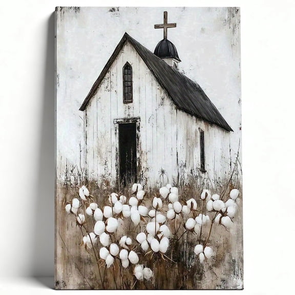 Rustic Country Church and Cotton Field 8 in x 12 in Framed Painting Canvas Art Prints