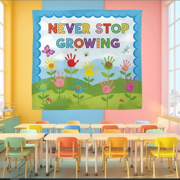 ViciArt Never Stop Growing Classroom Tapestry – 30"x40" Polyester Handprint Flower Wall Banner, Inspirational Teacher Decor