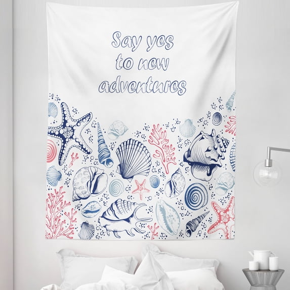 Adventure Tapestry, Underwater Marine Wildlife Theme Seashells Corals and Starfishes, Fabric Wall Hanging Decor for Bedroom Living Room Dorm, 5 Sizes, Navy Blue Dark Coral, by Ambesonne
