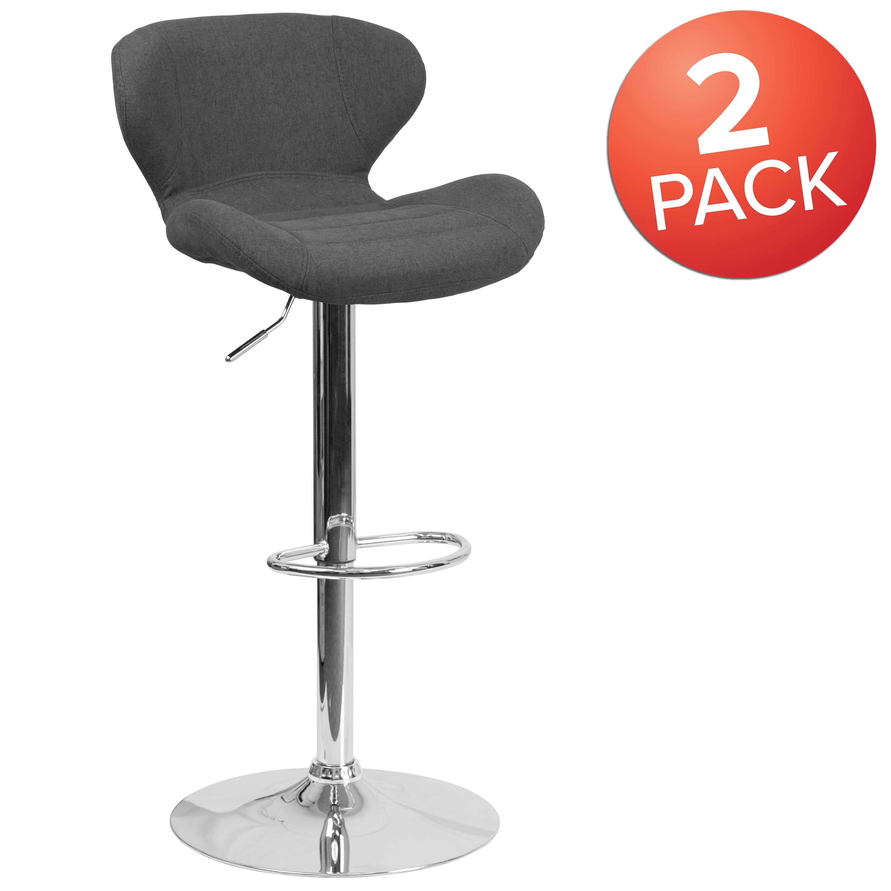 Flash Furniture 2 Pack Contemporary Charcoal Fabric Adjustable Height Barstool with Curved Back and Chrome Base