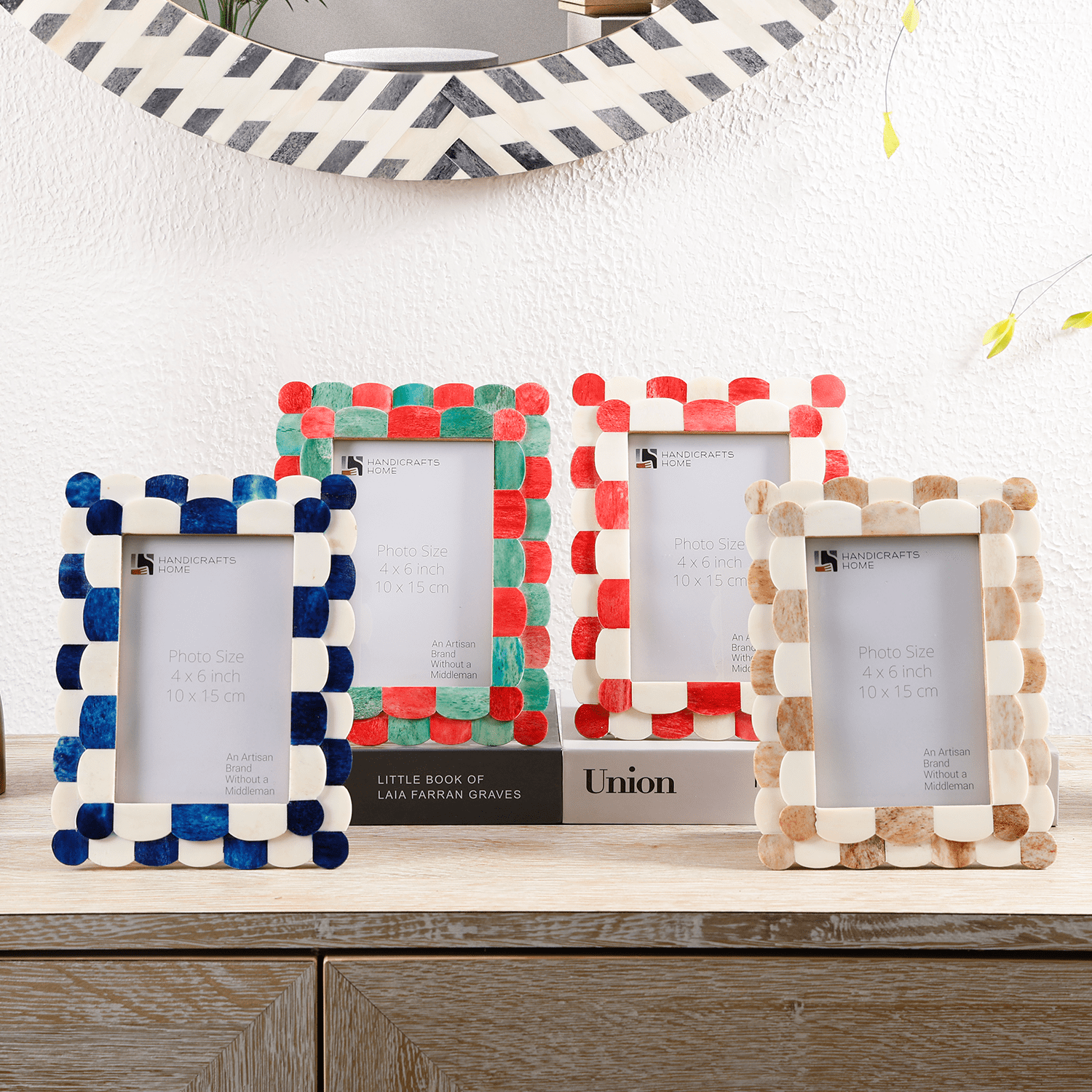 Handicrafts Home 4x6 Picture Frame Blue & White, Scalloped Bone Inlay Photo Frame, Handmade Decorative Picture Frame for Wall or Tabletop, Coastal Modern Home Decor